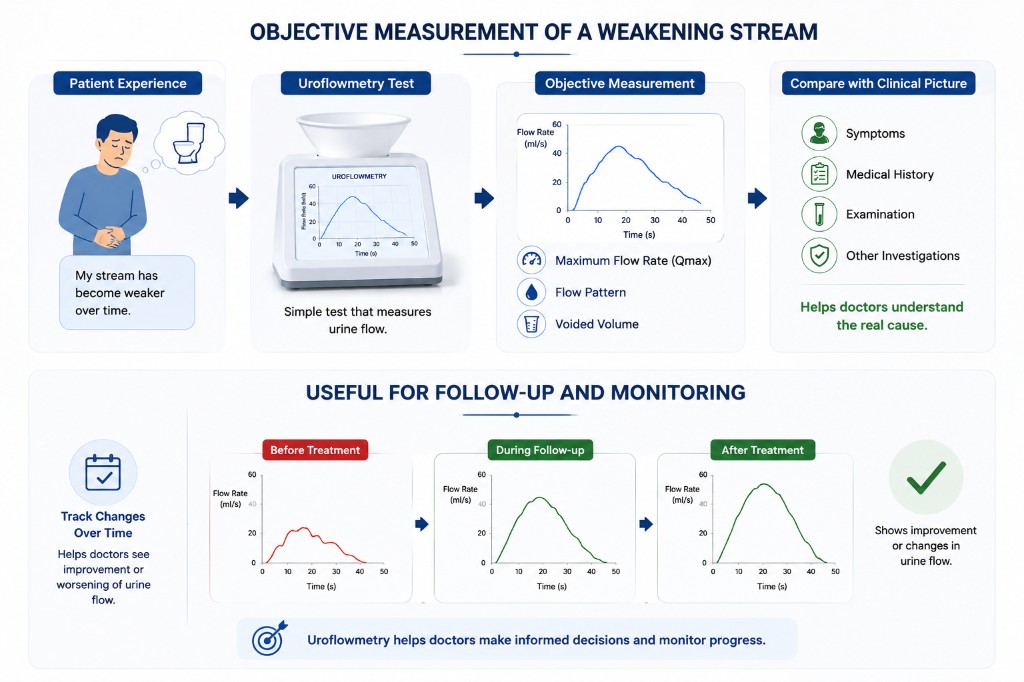 Uroflowmetry as an objective measurement of a weakening urine stream, useful for follow-up and monitoring before and after treatment